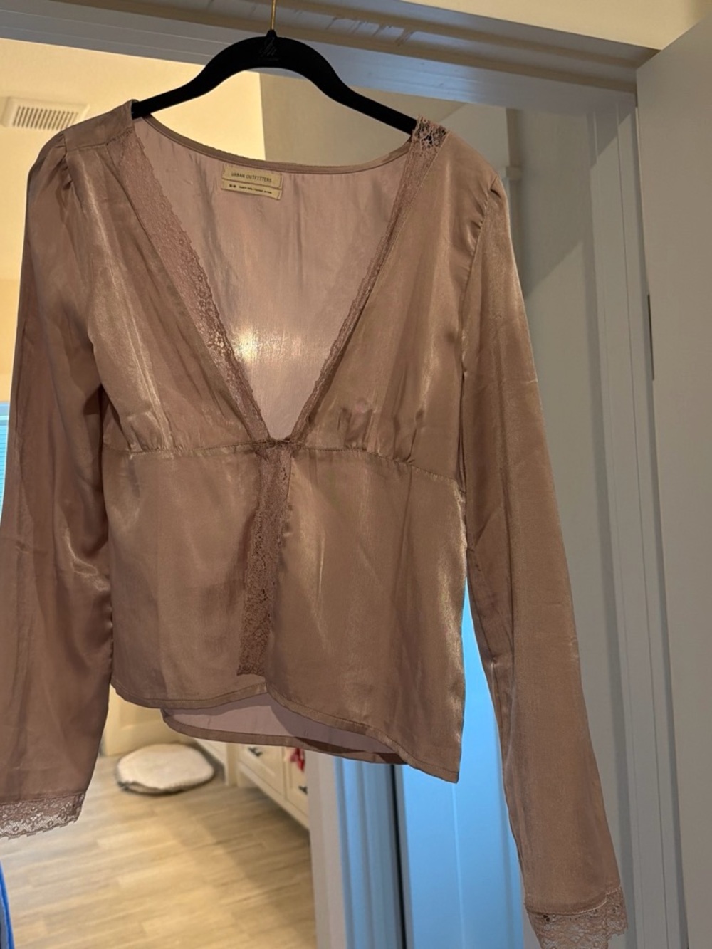 Urban Outfitters Pink Satin Lace-Trim Long Sleeve Top